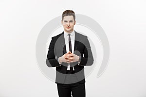 Business Concept - Portrait Handsome Business man in suit holding hands with confident face. White Background.