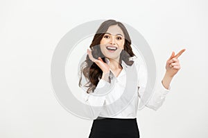 Business Concept Portrait of smiling business woman pointing finger on copy space. iswolated portrait.