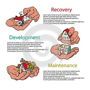 Business concept of Recovery, Development, Maintenance. Hands holding house. Disaster recovery concept. Vector
