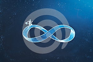 Business concept of repetitive work and burnout syndrome. A businessman running on infinity symbol in space. Nonstop