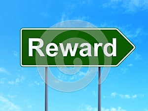 Business concept: Reward on road sign background