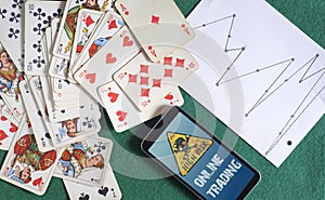 business concept, risks of trading online, deck of cards, stock echange chart and smartphone