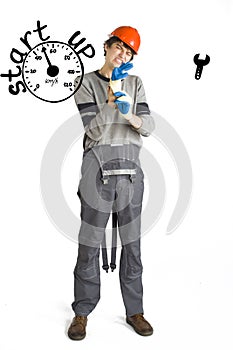 Business concept of self-made man. Young laborer man in orange helmet over white background with sketches.