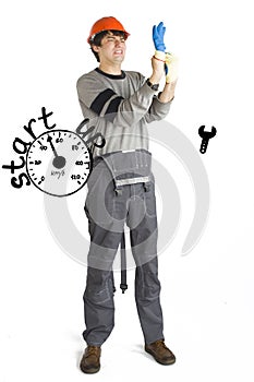 Business concept of self-made man. Young laborer man in orange helmet over white background with sketches.