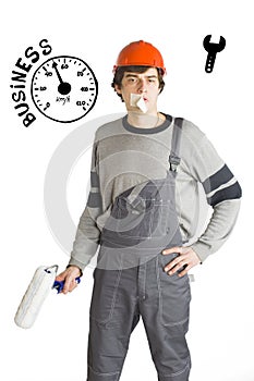 Business concept of self-made man. Young laborer man in orange helmet over white background with sketches.