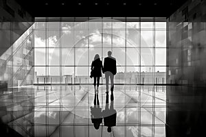 Business concept with silhouettes of people against a city background. Black and white style