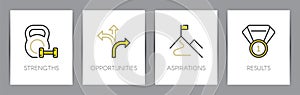 Business concept. Strengths, opportunities, aspirations, results. SOAR analysis. Metaphors with icons photo