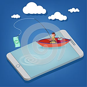 Business Concept with Tablet, Hacker stealing money with fishing