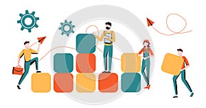 Business concept. Team metaphor. people connecting the elements of the columns. Vector illustration flat design style. Symbol of