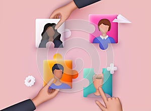 Business concept. Team metaphor. People connecting puzzle elements. 3D Vector Illustrations