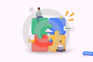 Business concept. Team metaphor. people connecting puzzle elements. 3D Web Vector Illustrations
