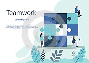 Business concept. Team metaphor. people connecting puzzle elements. Symbol of teamwork, cooperation, partnership