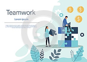 Business concept. Team metaphor. people connecting puzzle elements. Symbol of teamwork, cooperation, partnership