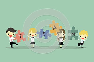 Business concept. Team metaphor. people connecting puzzle elements. Symbol of teamwork, cooperation, partnership illustration