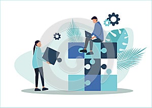 Business concept. Team metaphor. people connecting puzzle elements. Vector illustration flat design style. Symbol of teamwork,