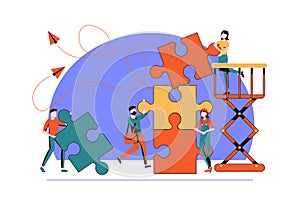 Business concept. Team metaphor. people connecting puzzle elements. Vector illustration flat design style. Symbol of teamwork,