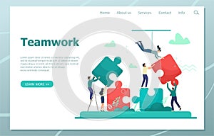 Business concept. Team metaphor. people connecting puzzle elements. Vector illustration flat design style. Teamwork, cooperation