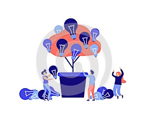 Business concept - teamwork, brainstorming, finding new ideas for solutions. People find ideas on a tree with light bulbs. Vector