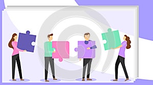 Business concept. Teamwork to connect the puzzle. Team metaphor. People connecting puzzle elements. Vector illustration flat