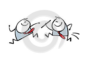 Business concept of teamwork. Two stickmen run the baton, the businessman passes the wand to colleague. Vector