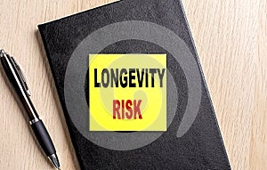 Business concept.Text LONGEVITY RISK on paper clipboard with,pencil,glasses, keyboard and calculator on white background