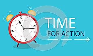 Business Concept time to action. Banner Alarm clock on a blue background.
