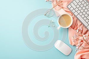 Top view photo of keyboard computer mouse cup of frothy coffee stylish glasses gypsophila flowers and pink plaid