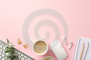 Business concept. Top view photo of workspace keyboard computer mouse cup of coffee wireless earbuds binder clips pencils notepad