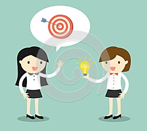 Business concept, two business women talking about target and idea. Vector illustration.