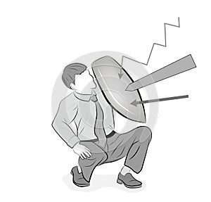 Business concept vector illustration of a businessman defending himself with a shield. Risk, courage, leadership in business conce