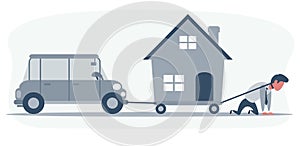 Business concept vector illustration of a businessman on knees dragging a house and a convertible car. Financial problem