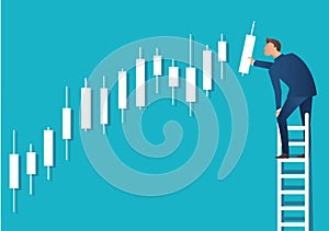 Business concept vector illustration of a man on ladder with candlestick chart background, concept of stock market