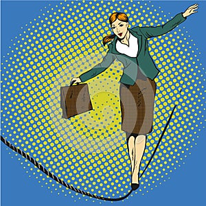 Business concept vector illustration in retro comic pop art style. Businesswoman walk on tight rope