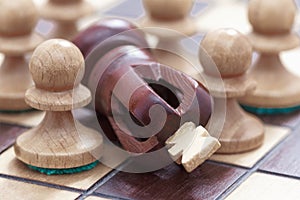 Business concept of win or defeat, loss Chessboard and figures of the king and pawns.