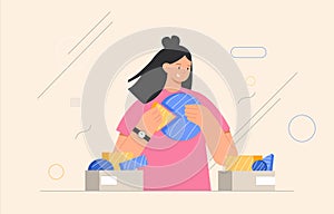 Business concept. Woman connecting puzzle elements or jigsaw pieces, abstract shapes on the background. Flat style