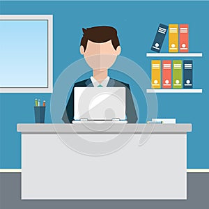 Business concept - woman sitting at the table and working on the computer in the office. Vector illustration, flat style