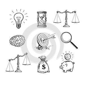 Business concepts set. Light bulb, hourglass, scales, brain, target, magnifying glass, sack of dollars, piggy bank