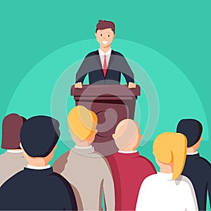 Business conference, business meeting. Man at rostrum in front of audience. Public speaker