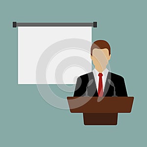 Business conference, business meeting. Man at rostrum in front of audience. Public speaker giving a talk at conference hall.