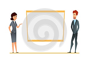 Business conference presentation, team training. Cartoon characters in the corporate environment show blank whiteboard or white of