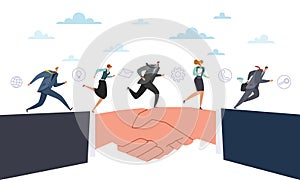 Business connections. Profitable cooperation. People running to goal together, handshake. Colleagues or working team