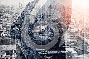 Business Construction Engineering and Building Architecture Concept, Double Exposure Image of Leadership Engineer Woman With City