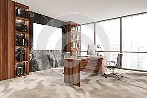 Business consulting room interior with furniture and windows, poster