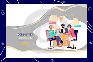 Business consulting services banner with people giving advice or consultation.