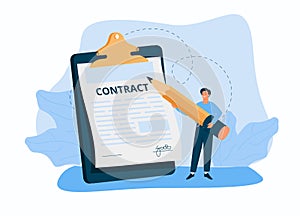 Business contract illustration. Character signing legal document, electronic contract or agreement