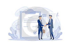 Business contract illustration. Characters signing legal document,