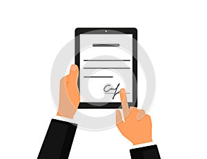 Business contract with signature on tablet pc