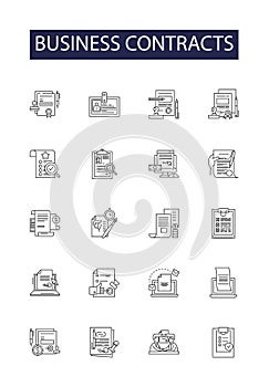 Business contracts line vector icons and signs. Business, Agreement, Terms, Parties, Obligations, Rights, Vesting