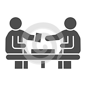 Business conversation solid icon. Exchange, two businessman talk at desk symbol, glyph style pictogram on white