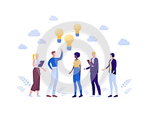 Business cooperation idea brainstorm concept. Vector flat person illustration. People team of man and woman standing with